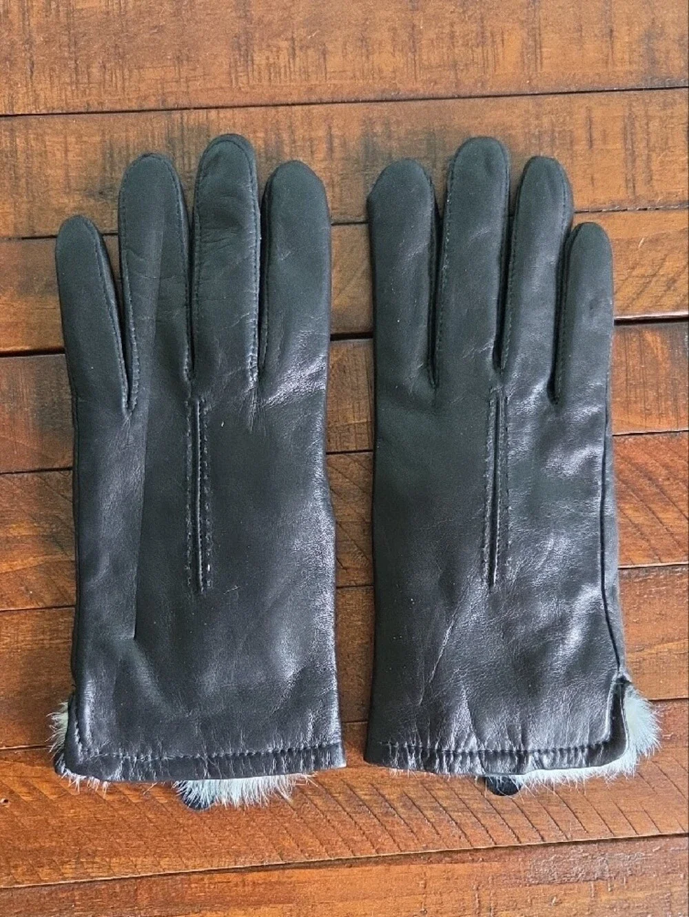 Overland Rabbit Fur Lined Black Leather Gloves Size 7.5